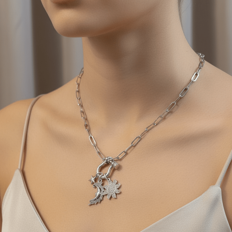 Celestial Moon Face, CZ Sun and Star Carabiner Necklace, Silver - 20 inch