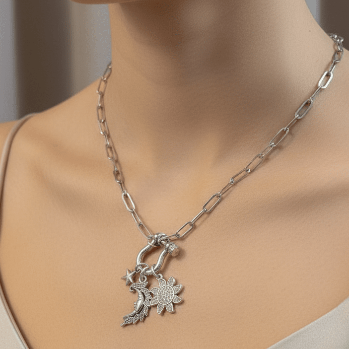 Celestial Moon Face, CZ Sun and Star Carabiner Necklace, Silver - 20 inch