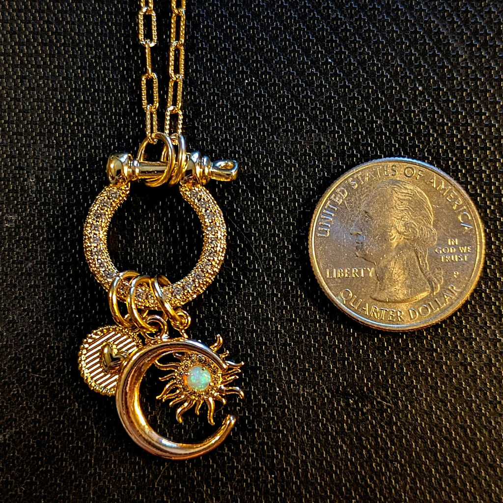 Opal Sun, Crescent Moon and Heart Carabiner Necklace, Gold - 20 inch