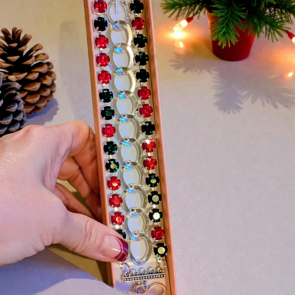 Red and Deep Green Multi Faceted Crystal Bracelet-Large 8 inch