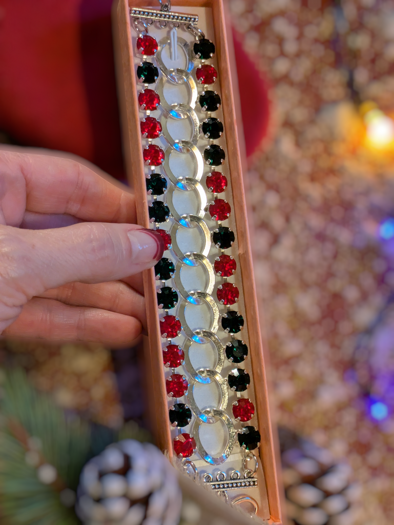 Red and Deep Green Multi Faceted Crystal Bracelet-Large 8 inch