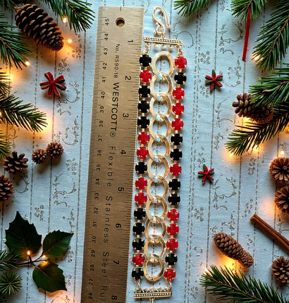 Red and Deep Green Multi Faceted Crystal Bracelet-Large 8 inch