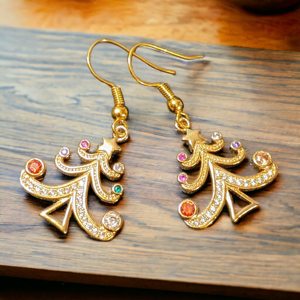 Rhinestone Christmas Tree dangle earrings Gold