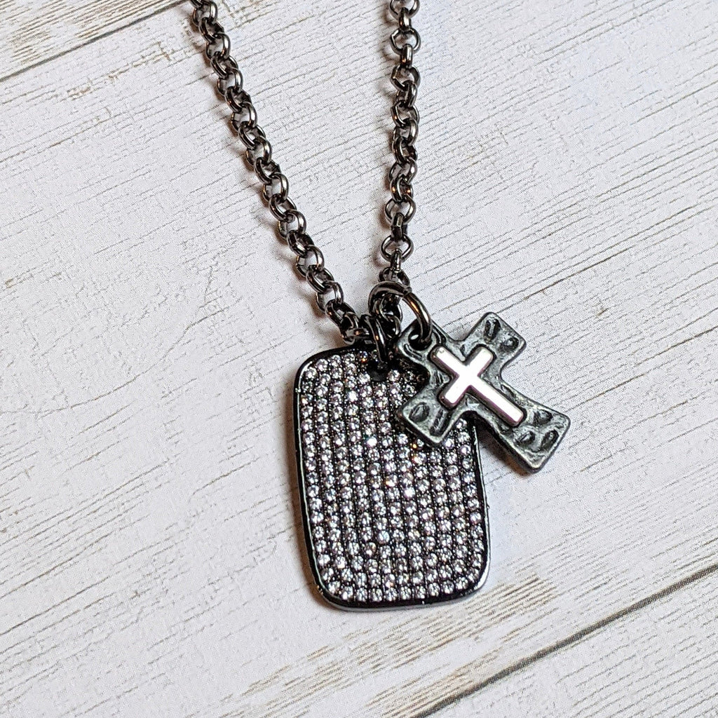 CZ Black Tag Cross Necklace, 24 inch