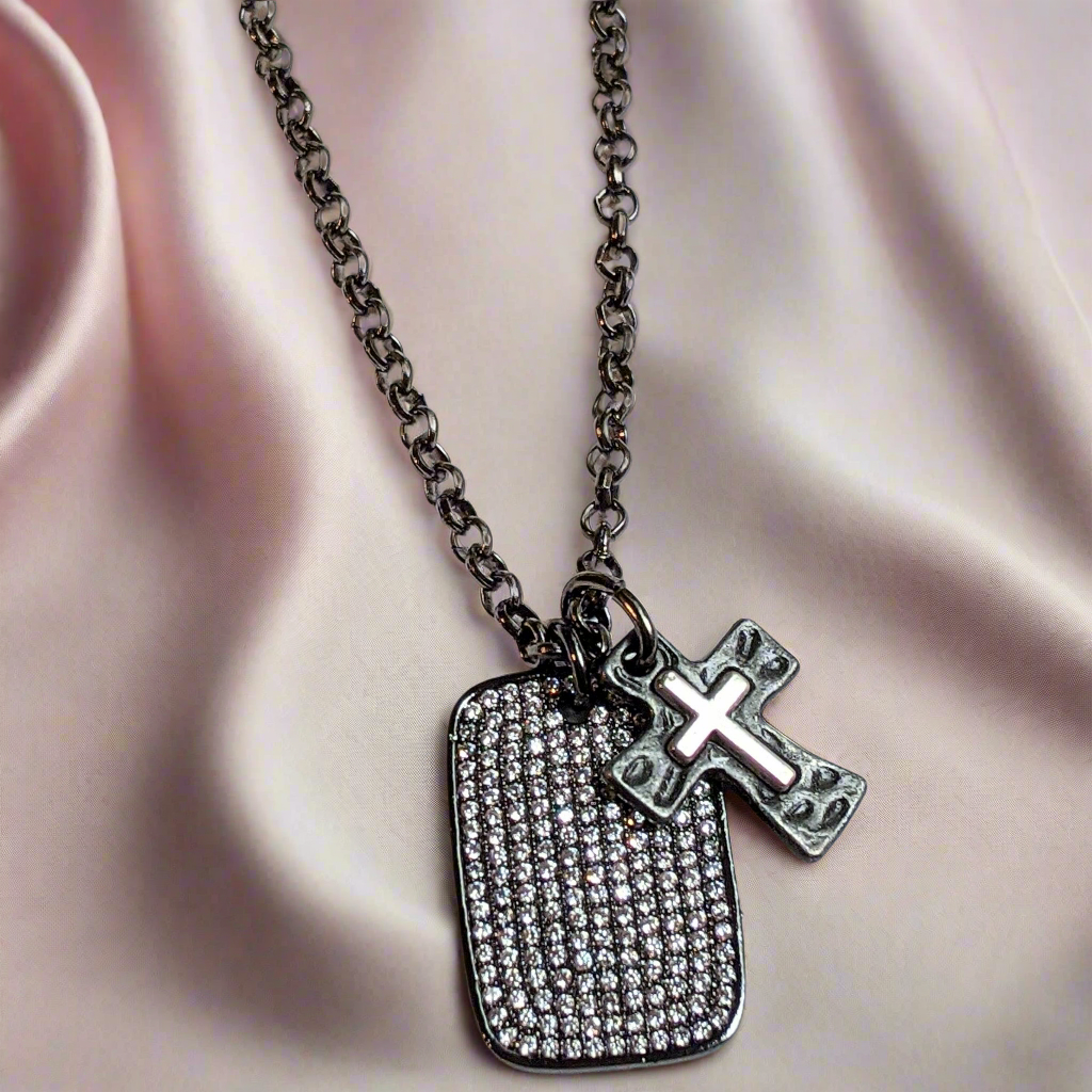 CZ Black Tag Cross Necklace, 24 inch