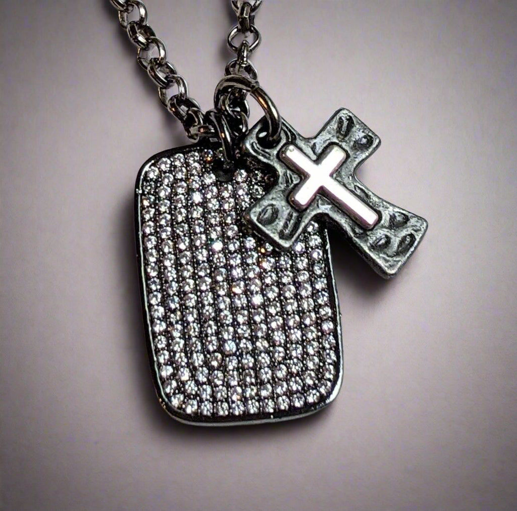 CZ Black Tag Cross Necklace, 24 inch