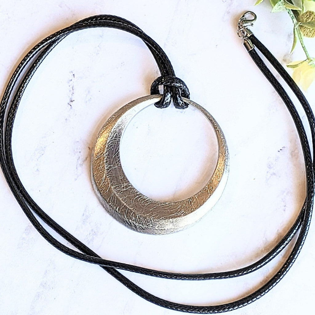 Large Circle Pendant Cord Necklace, 36 inches Silver Circle