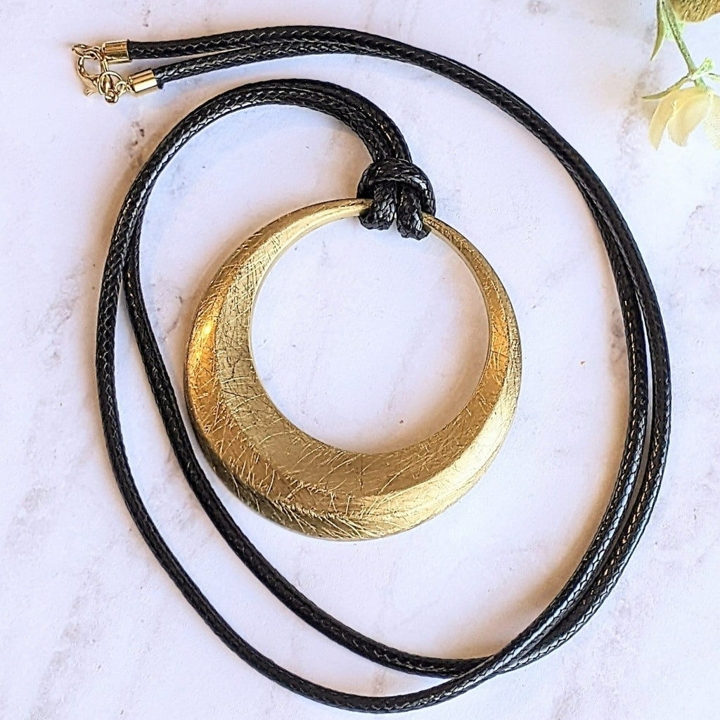 Large Circle Pendant Cord Necklace, 36 inches Gold Circle