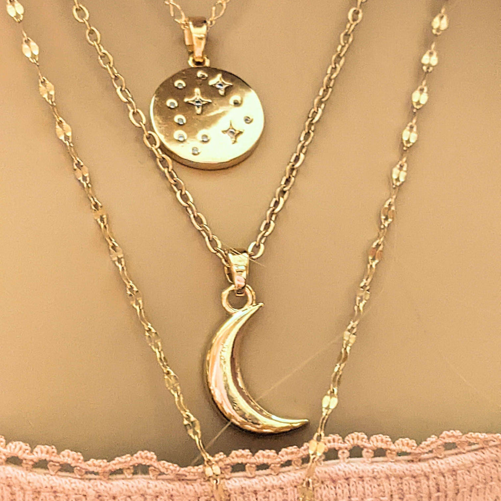 Gold Starlight Moon Sunburst Layered Necklace Set
