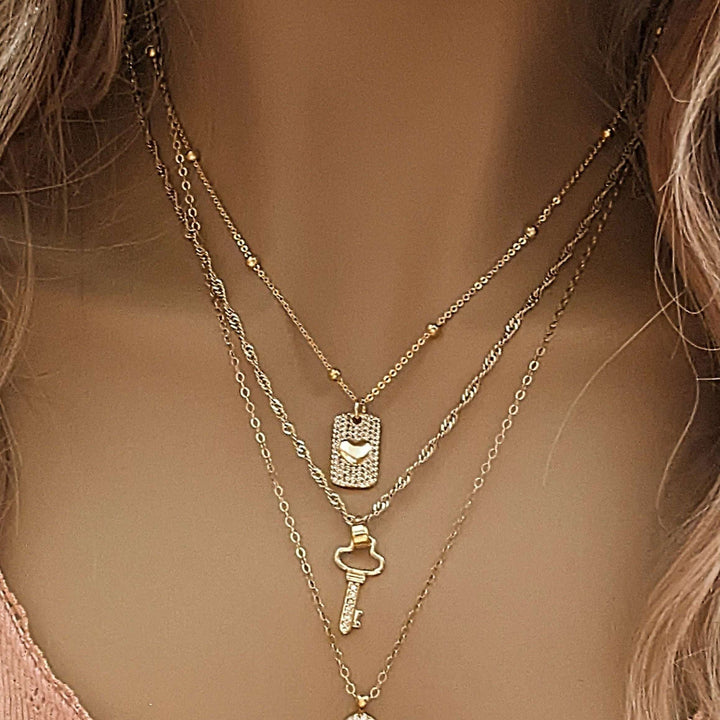 Gold CZ Key to my Heart Layered Necklace Set