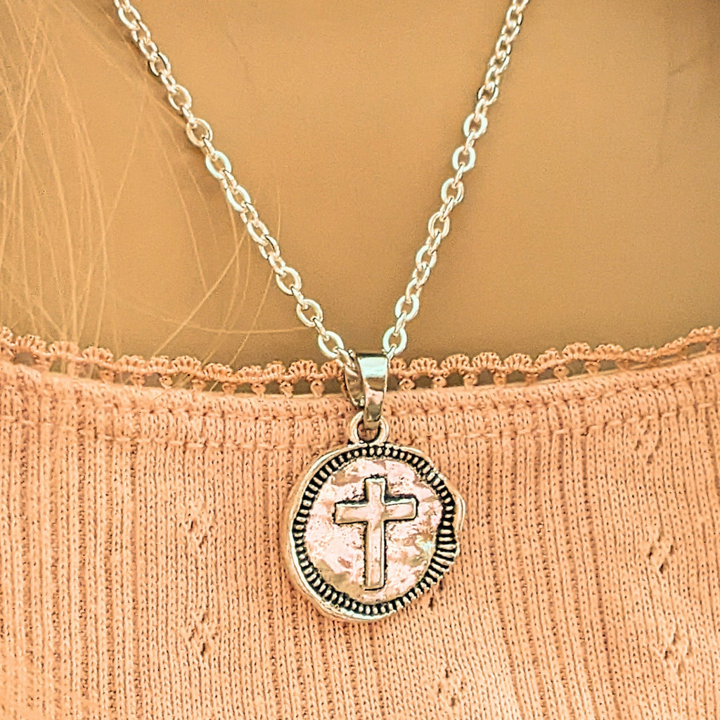 Silver Hammered Cross Coin Necklace- 24 inch