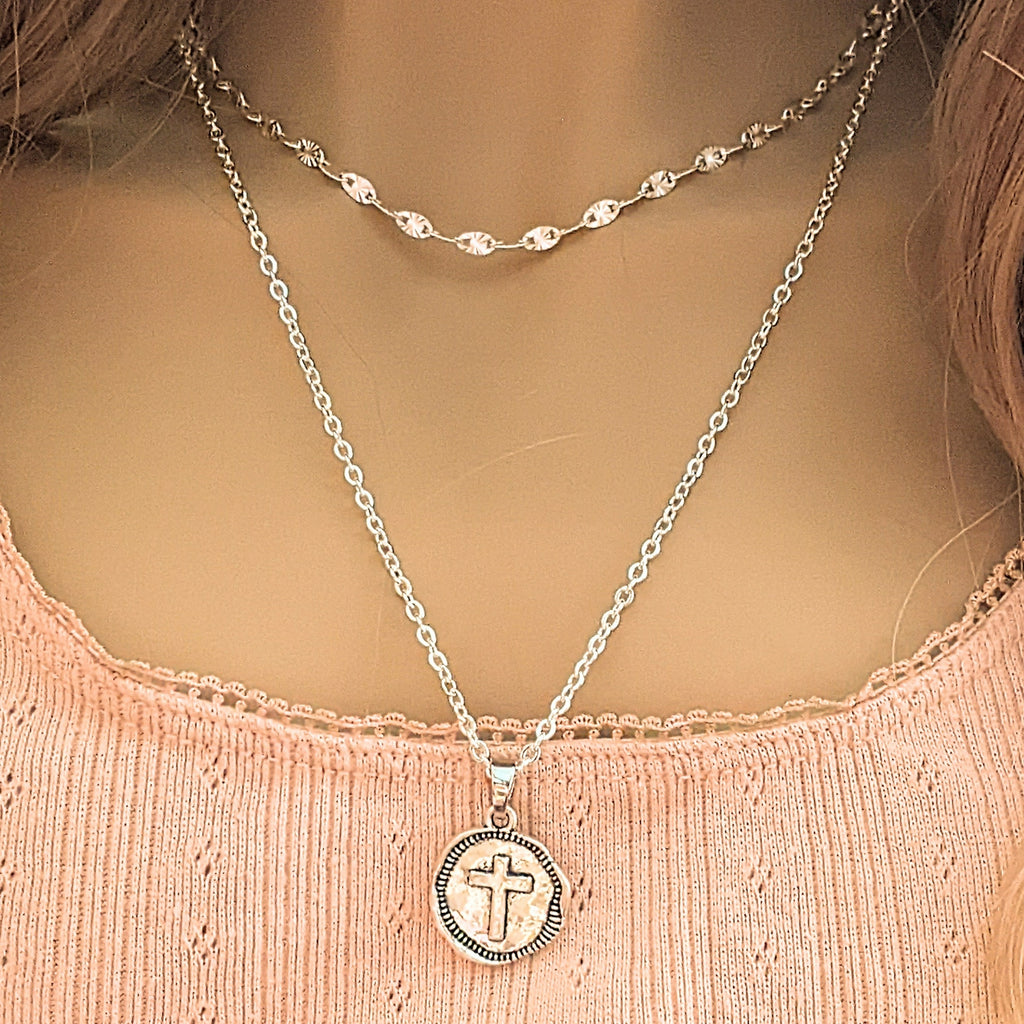 Silver Hammered Cross Coin Necklace- 24 inch