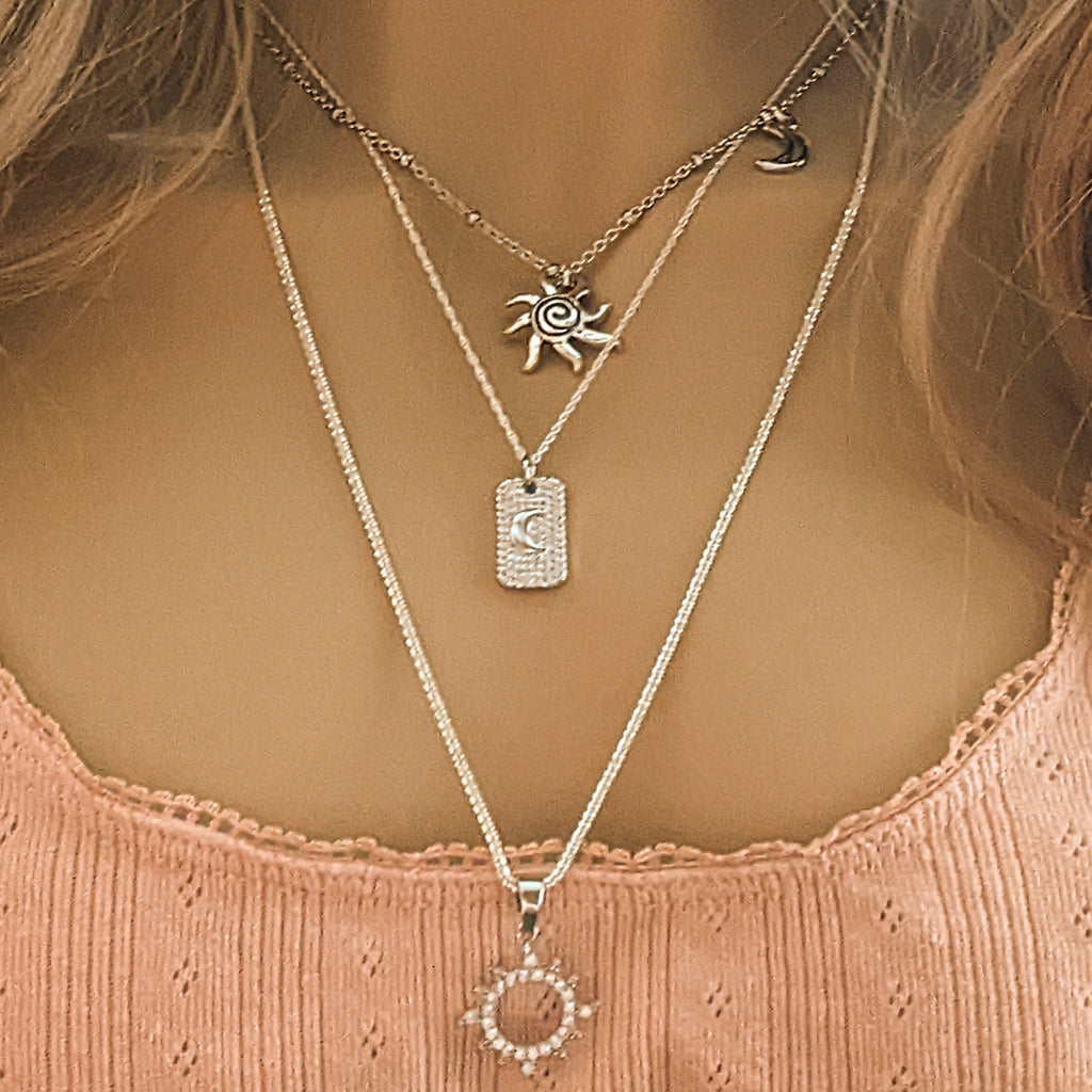 Silver Sunburst Layered Necklace Set