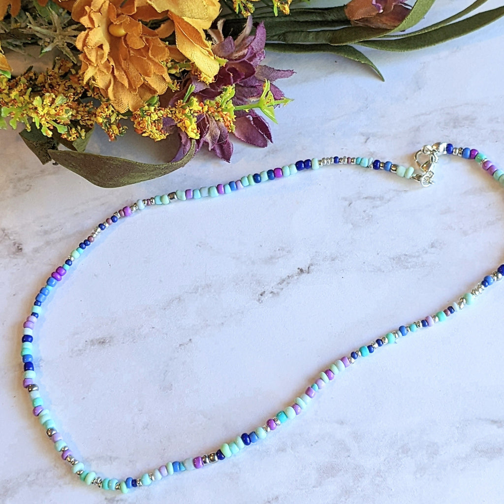 Purple Teal Beaded Choker Necklace - 16 inch