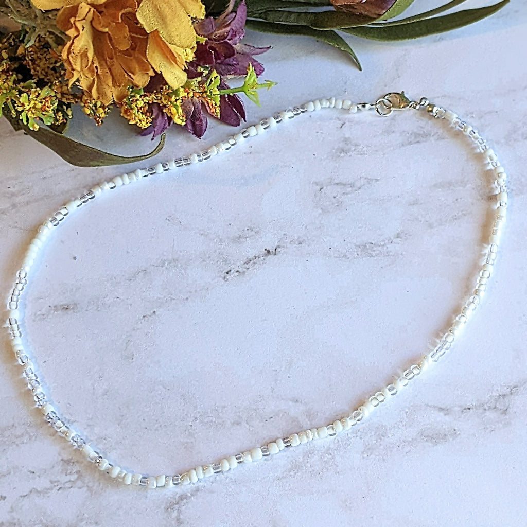 White Beaded Choker Necklace - 16 inch