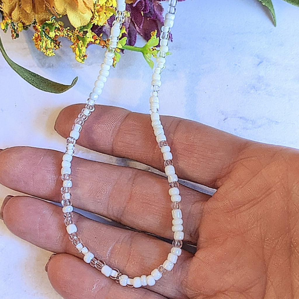 White Beaded Choker Necklace - 16 inch