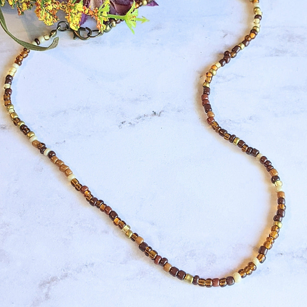 Browns & Tans Beaded Choker Necklace - 16 inch