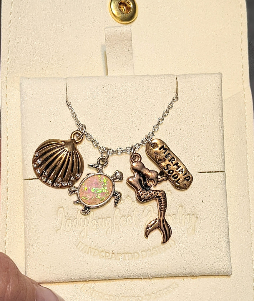 Two Tone Mermaid Sea Life Charm Necklace / Earring Set