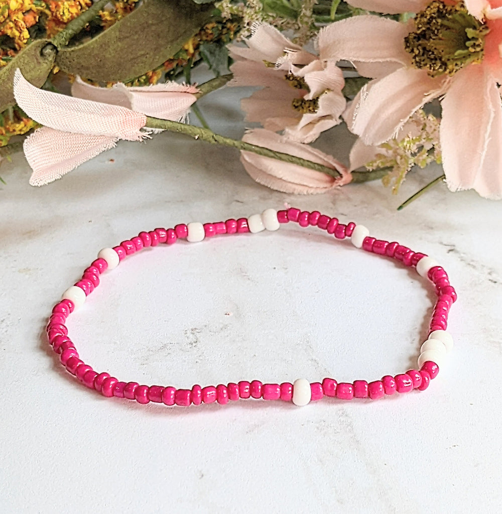 Beaded Stretch Cord Anklet-Fuchsia