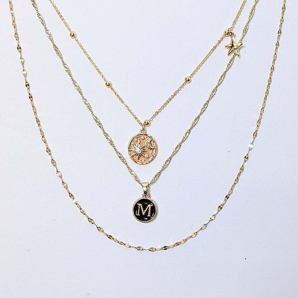 Gold Sun Moon Initial Layered Necklace Set