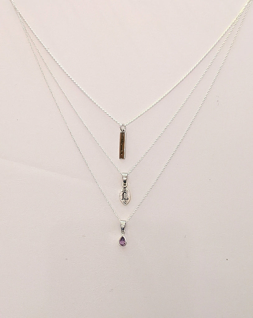 Silver Bar Amethyst Initial Leaf Layered Necklace Set