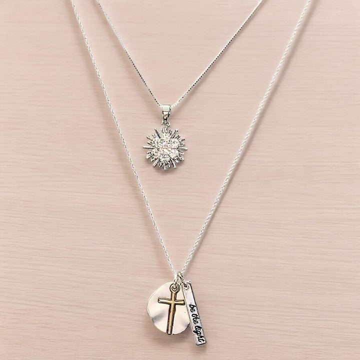 Silver Cross Be the Light Layered Necklace Set