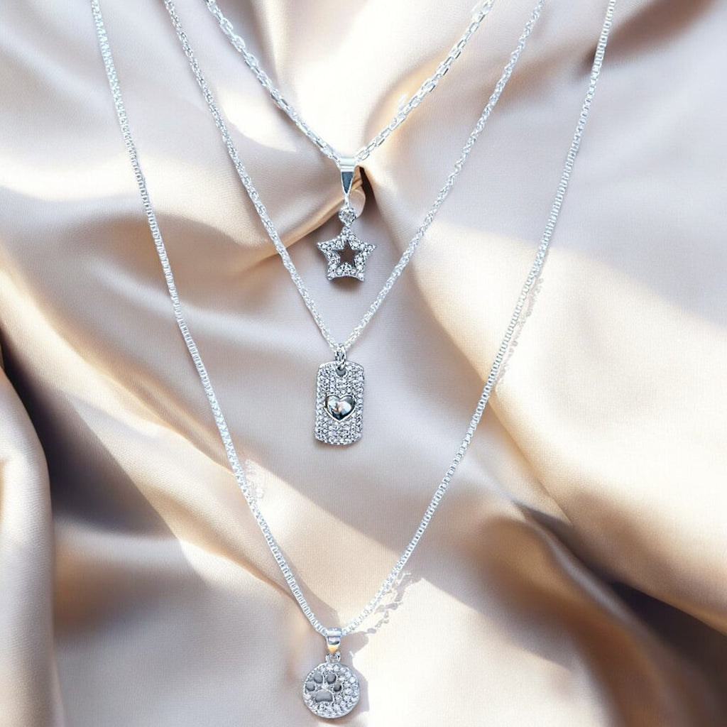 Paw Print on my Heart CZ Layered Necklace Set