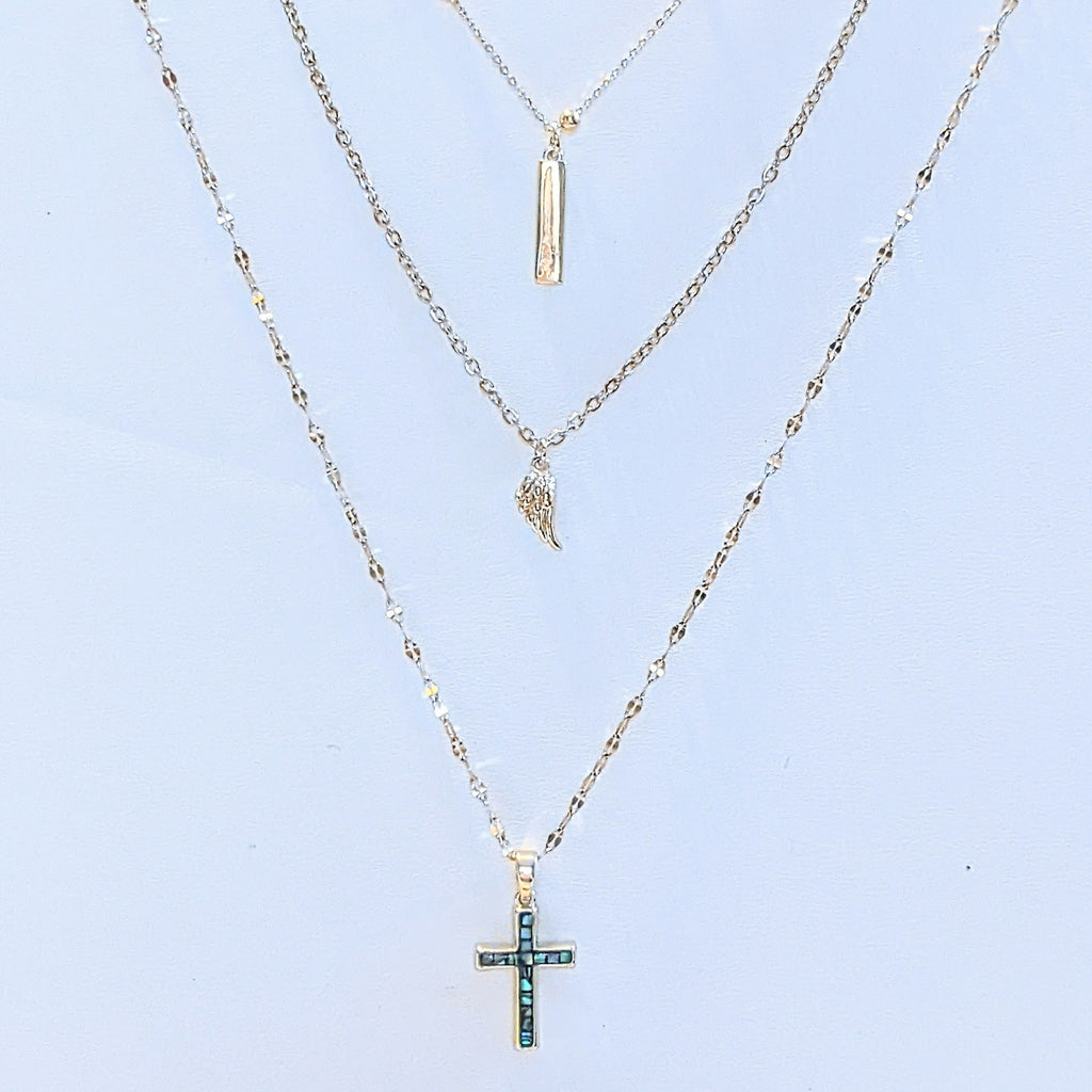 Gold Angel Wing & Cross Layered Necklace Set