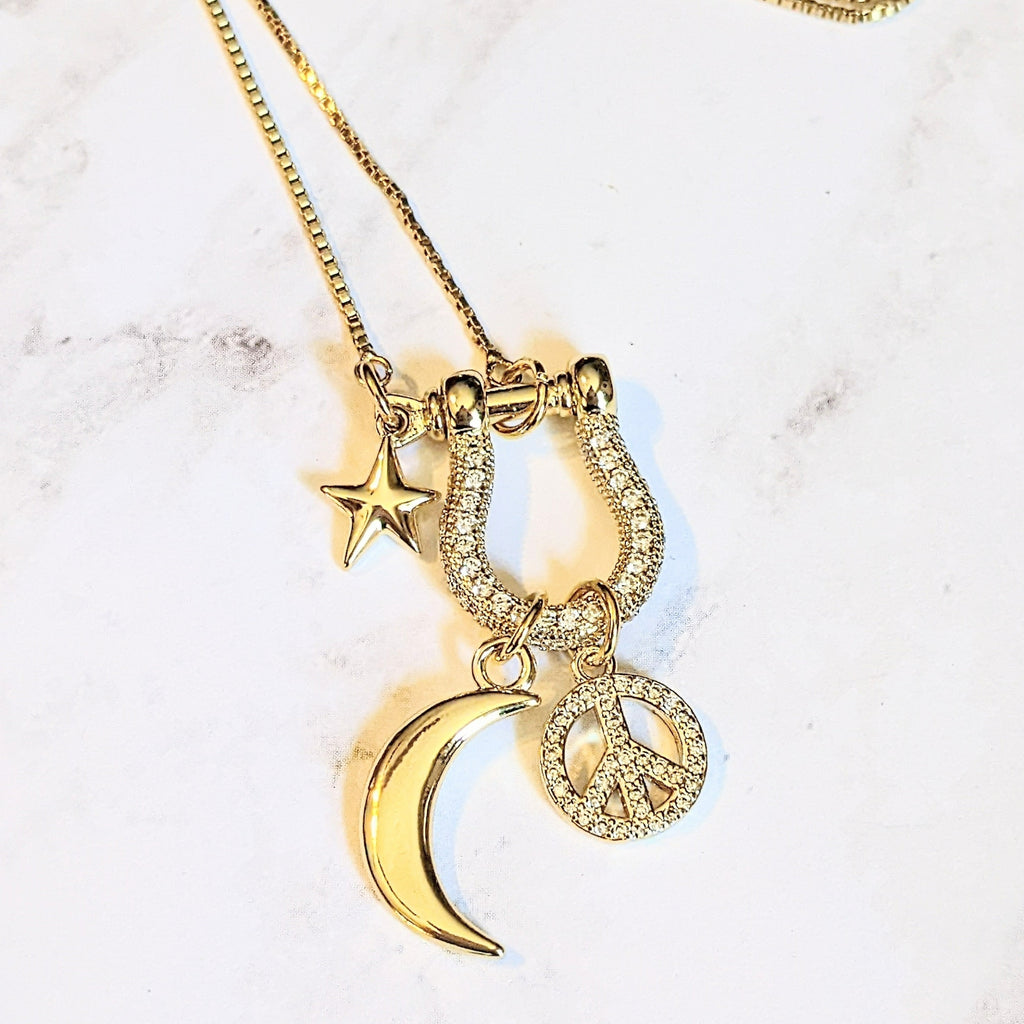 Gold Crescent Moon Peace Sign Necklace, adjustable up to 24 inches