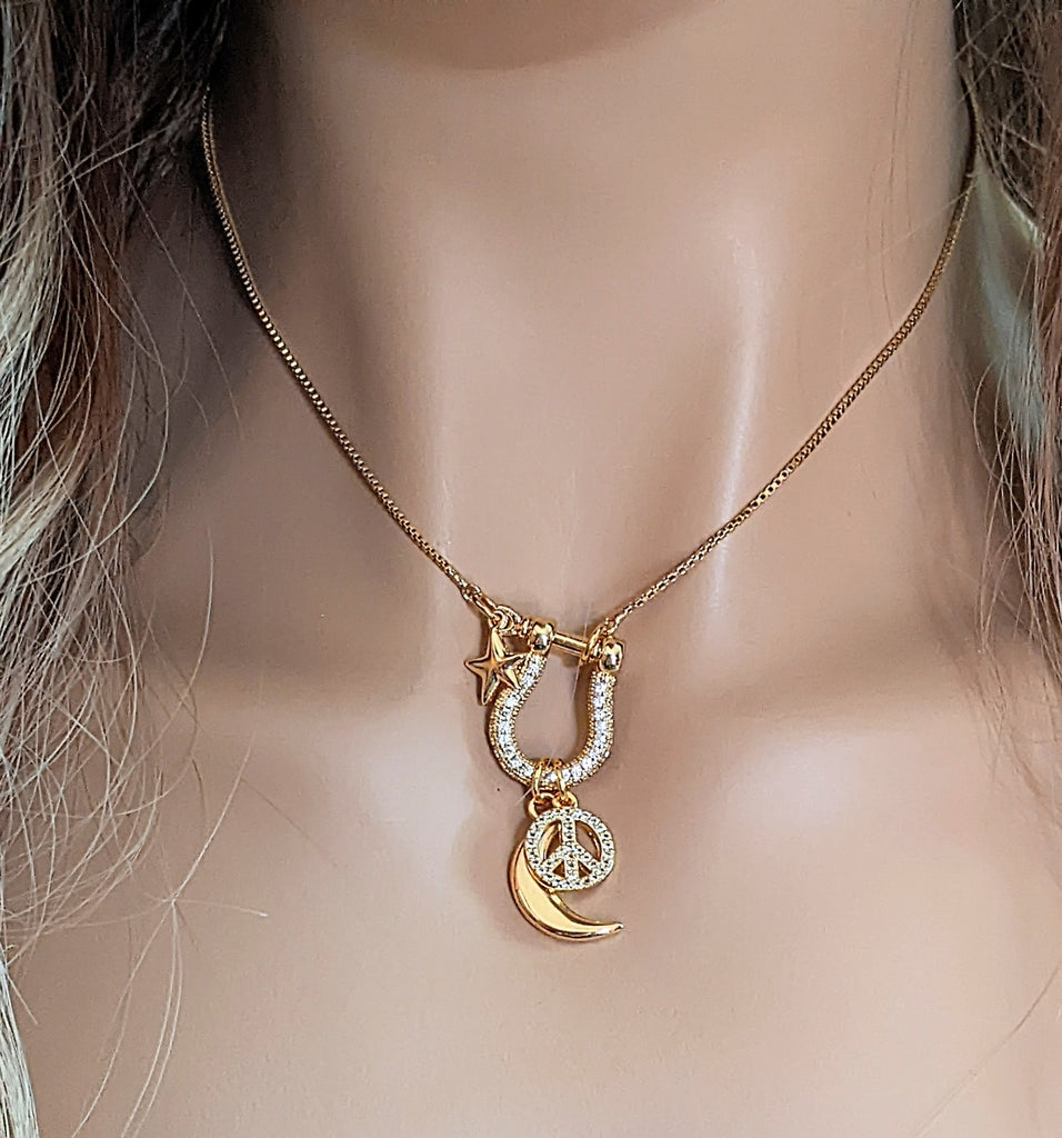 Gold Crescent Moon Peace Sign Necklace, adjustable up to 24 inches