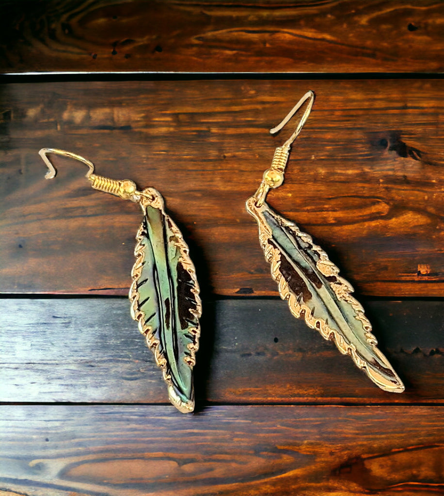 Abalone Feather Gold dangle earrings