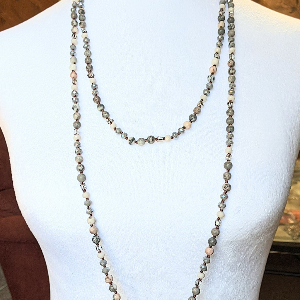 Pink Zebra Jasper Semi-Precious Gemstone Necklace with Pendants- 60 inch