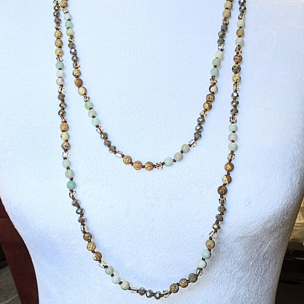 Picture Jasper/Amazonite Semi-Precious Gemstone Necklace with Pendants - 60 inch Necklace Only