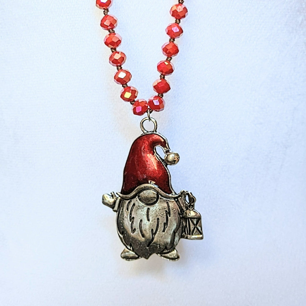 Christmas Gnome Beaded Necklace-36 inch Red