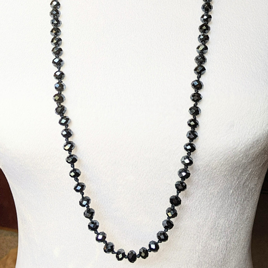 Black Crystal Knotted Necklace -36 inch