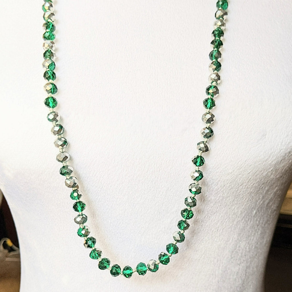 Festive Silver Green Crystal Knotted Necklace -36 inch