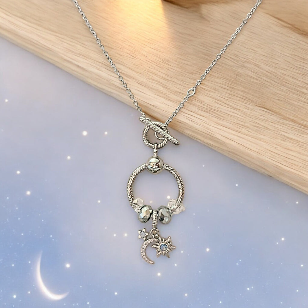 Moon Sun Star Sterling Silver Toggle Charm Necklace, 20 inches