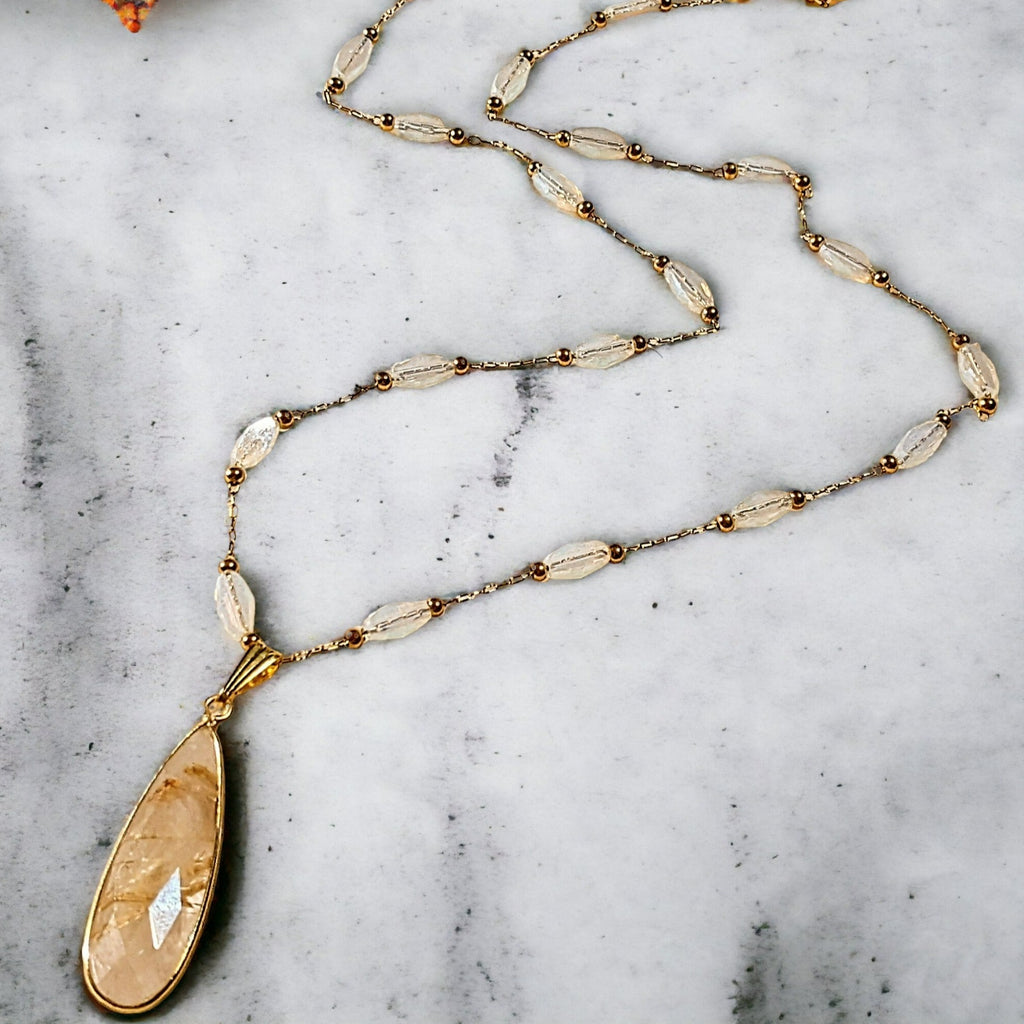 Gold Rutilated Quartz Gemstone Drop Crystal Bead Necklace, 20 inch
