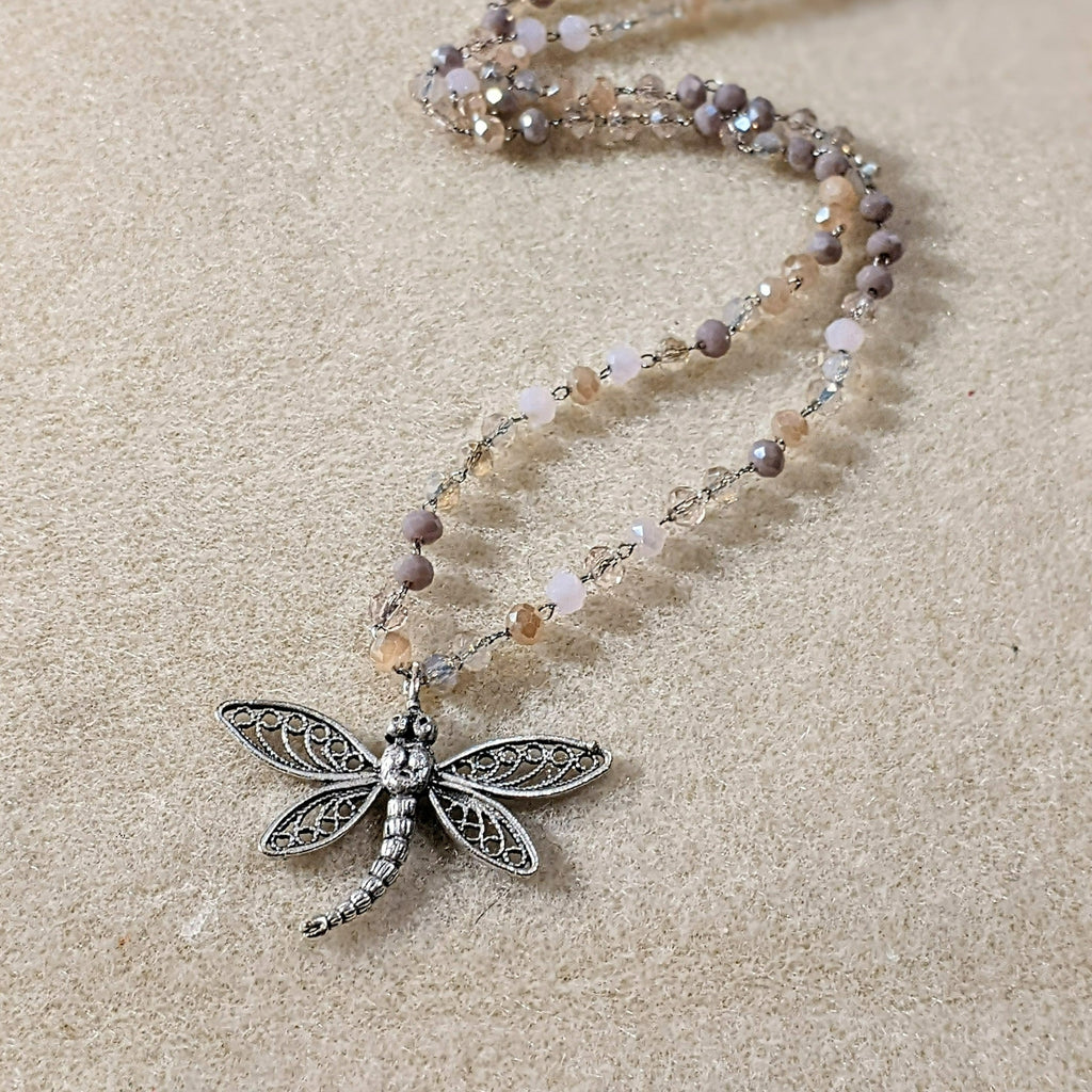 Filigree Dragonfly Crystal Bead Necklace, 20 inch