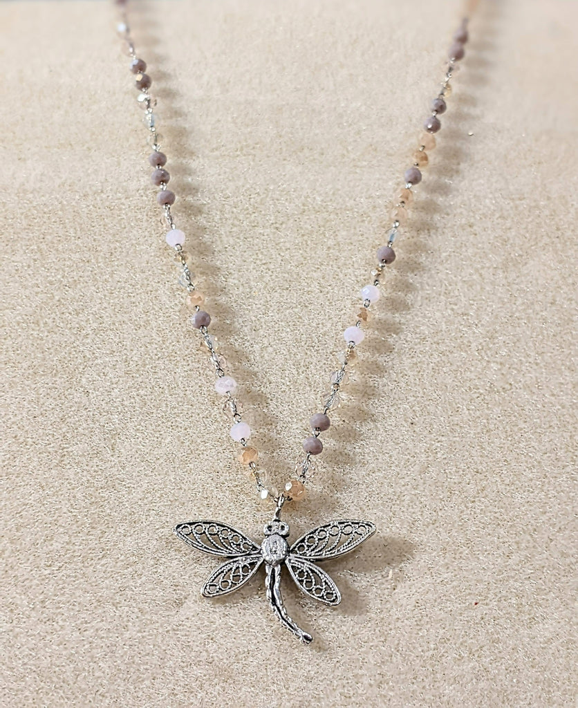 Filigree Dragonfly Crystal Bead Necklace, 20 inch