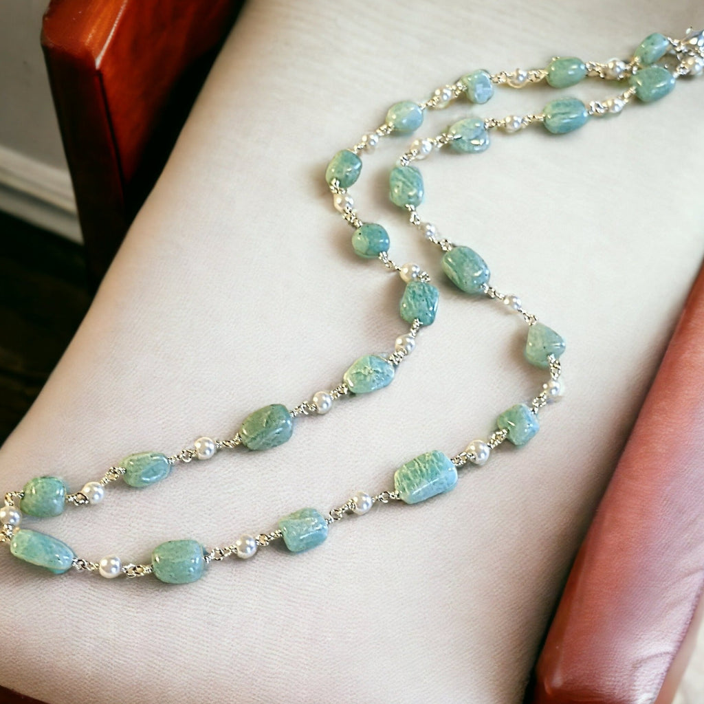 Amazonite Oval Bead and Pearl Necklace, 20 inch