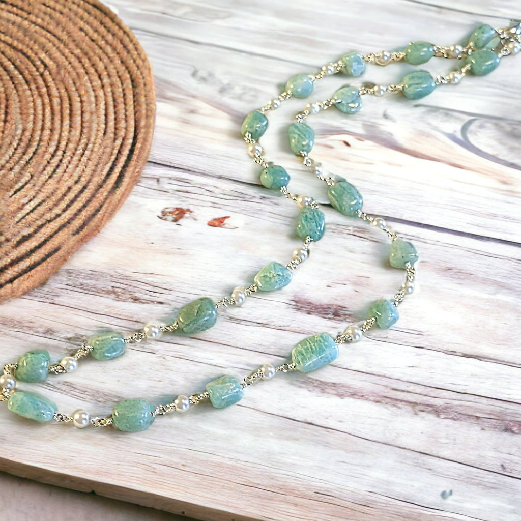 Amazonite Oval Bead and Pearl Necklace, 20 inch