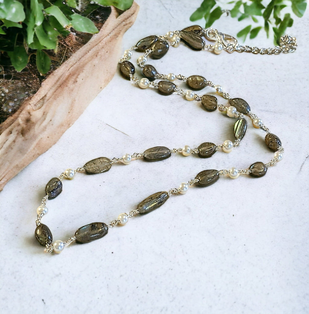 Labradorite Oval Bead and Pearl Necklace, 20 inch
