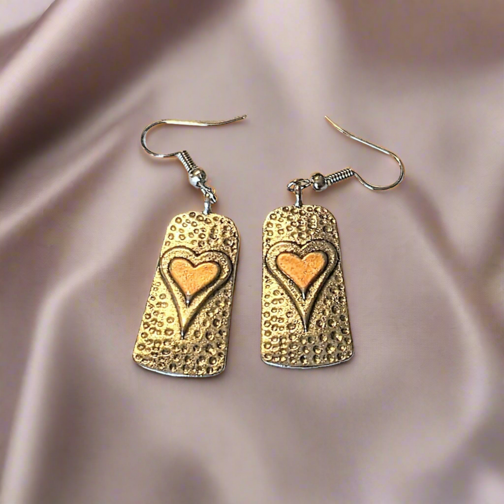 Two-Tone Heart Tag Dangle Earrings