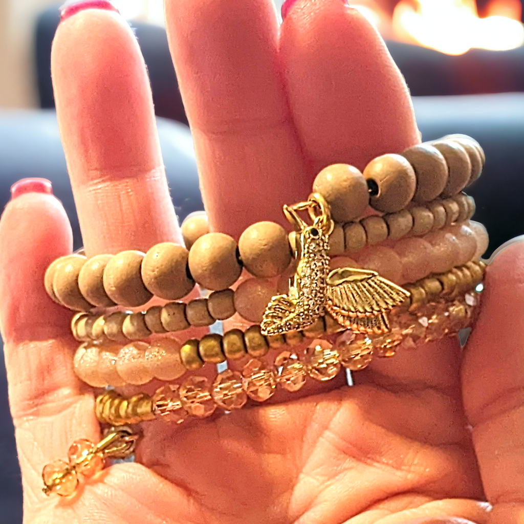 Hummingbird Crystal Beaded Gold Wrap Bracelet