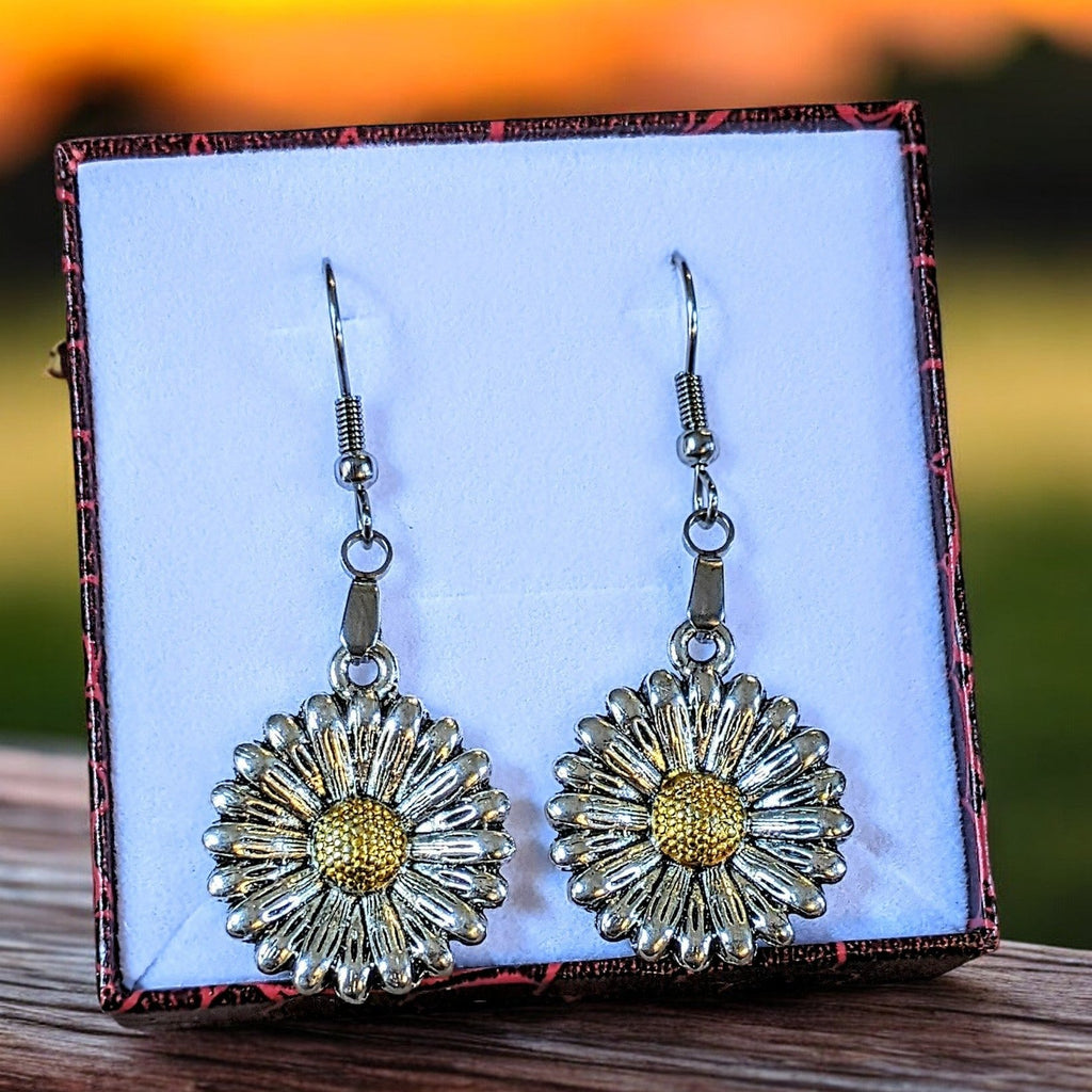 Silver Sunflower/Daisy dangle earrings