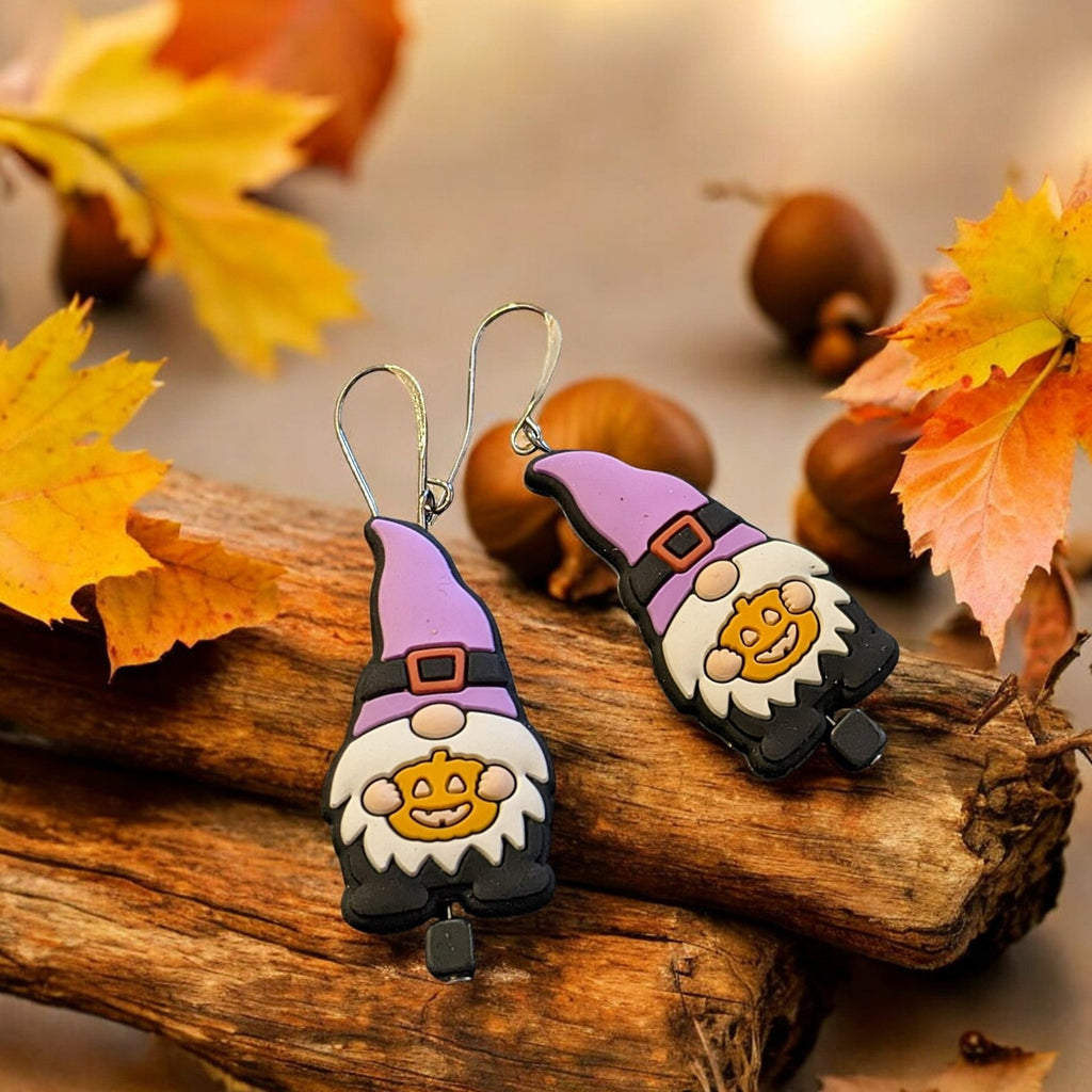 Gnome Halloween Earrings II Purple Black Gnome Jack O' Lantern