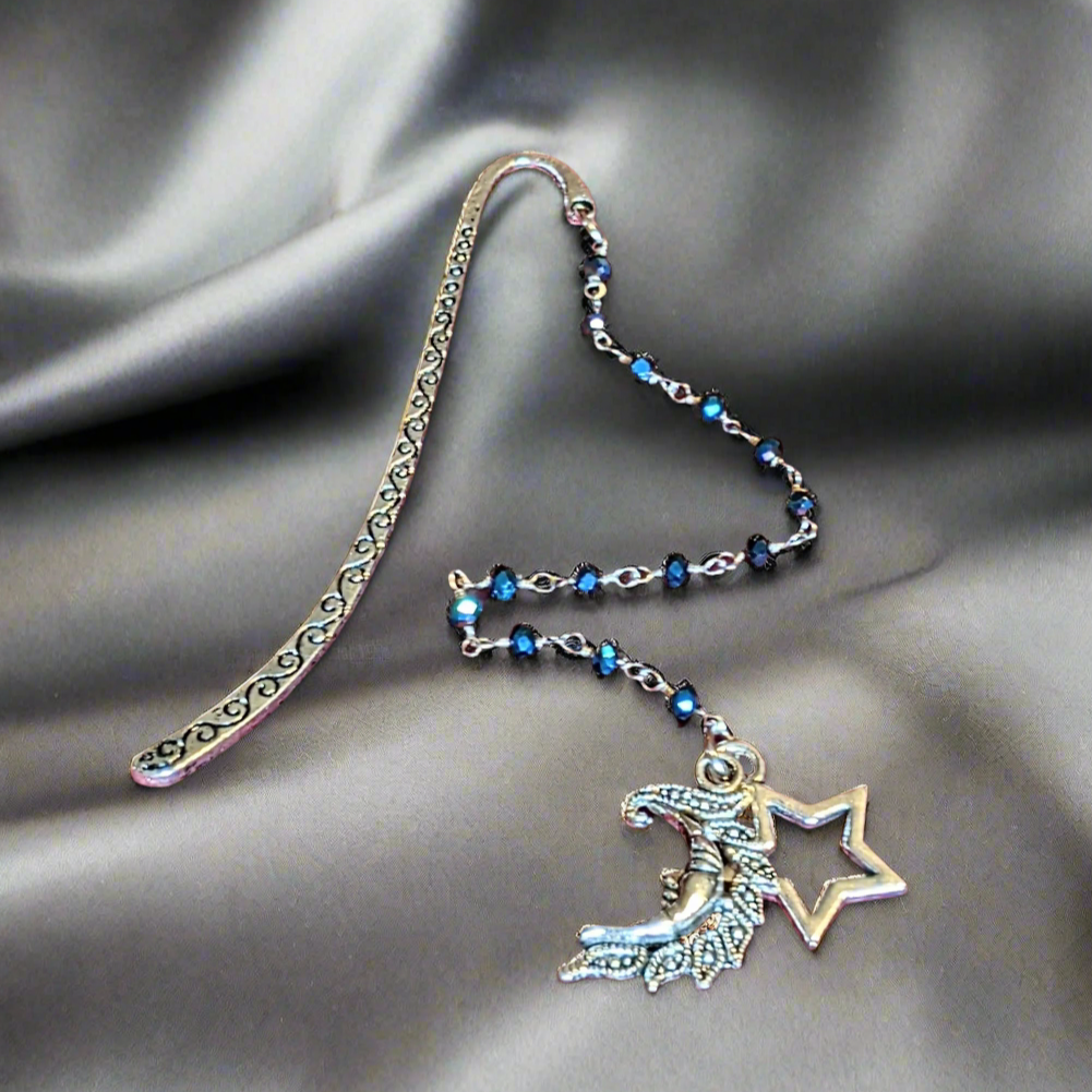 Crescent Moon Face and Star Beaded Bookmark