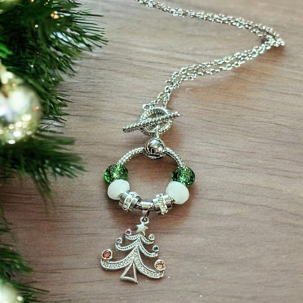 Christmas Tree Sterling Silver Toggle Charm Necklace, 20 inches