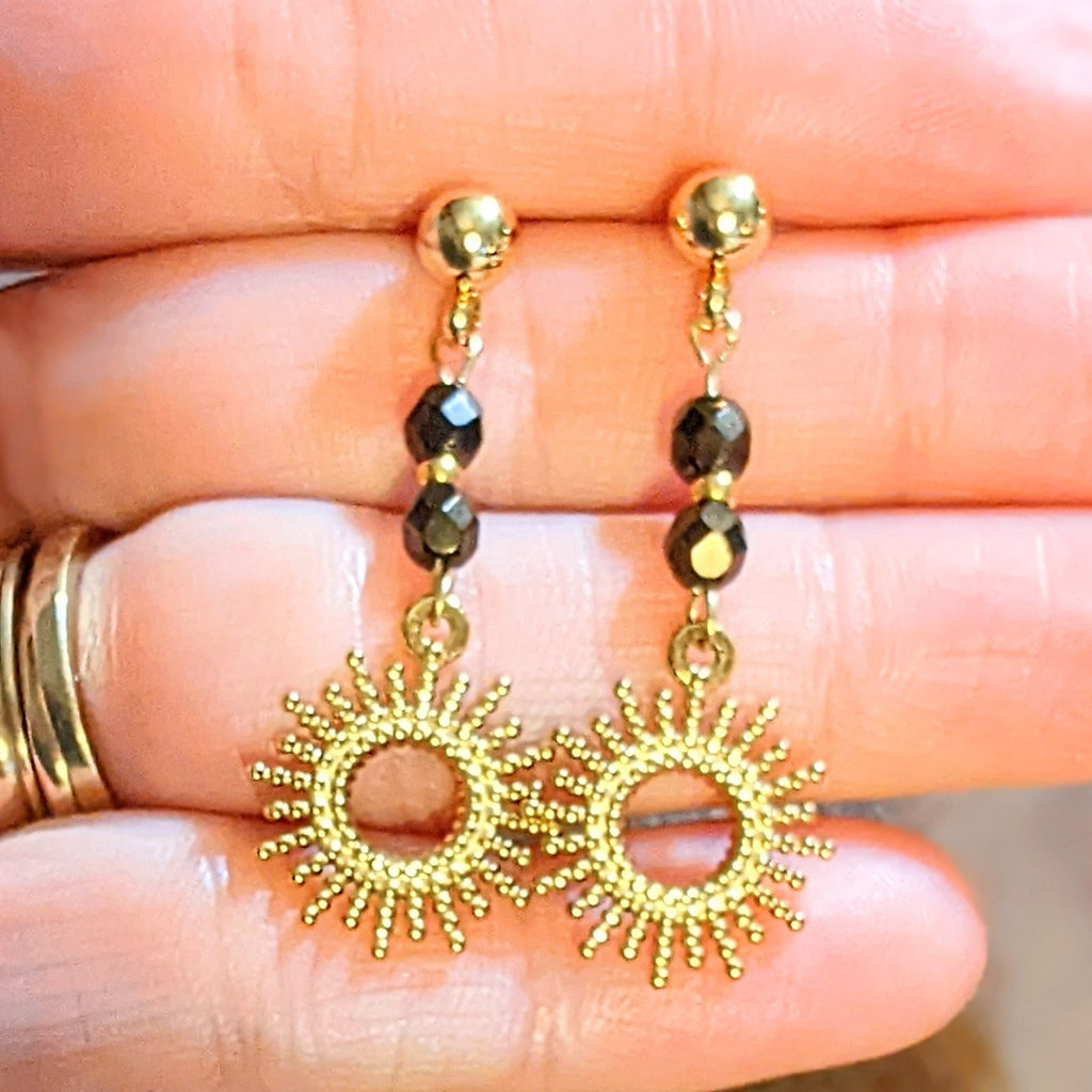 Sunburst Charm Drop Stud Earrings-Gold